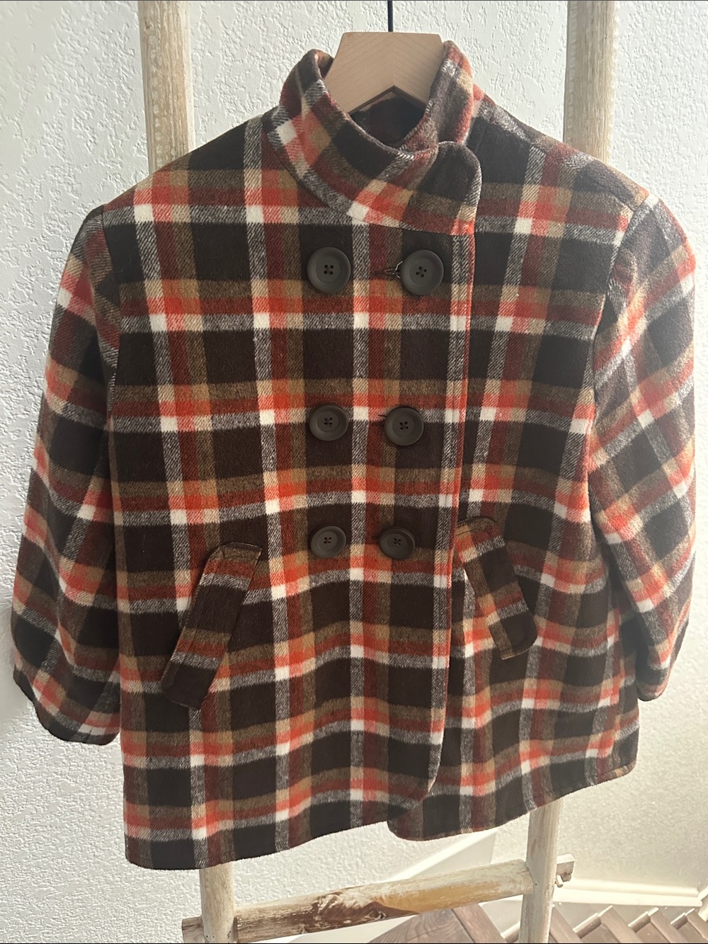 Charming Charlie Brown & Orange Plaid Double-Breasted Pea Coat